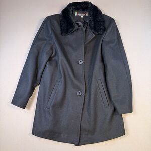 Komitor Stunning Women’s 10P Black Wool Faux Fur Trim Warm Coat Made in USA